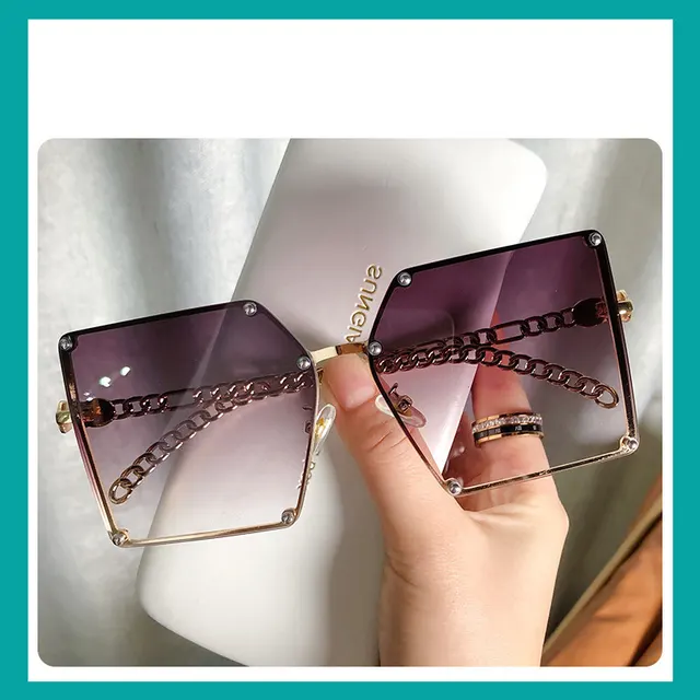 Frameless Big Square Sunglasses Women Fashion Personality Metal Chain Trendy Glasses Grey - Shop at LoveMi