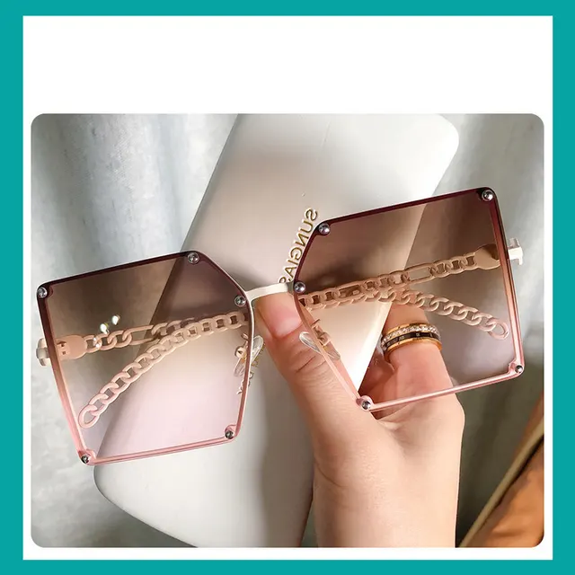 Frameless Big Square Sunglasses Women Fashion Personality Metal Chain Trendy Glasses Pink - Shop at LoveMi