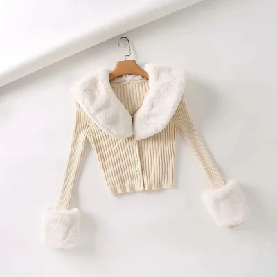 Fashionable Detachable Fur Collar Single Breasted Short Knit Top Beige - Shop at LoveMi
