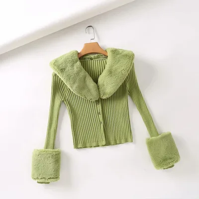 Fashionable Detachable Fur Collar Single Breasted Short Knit Top Green - Shop at LoveMi