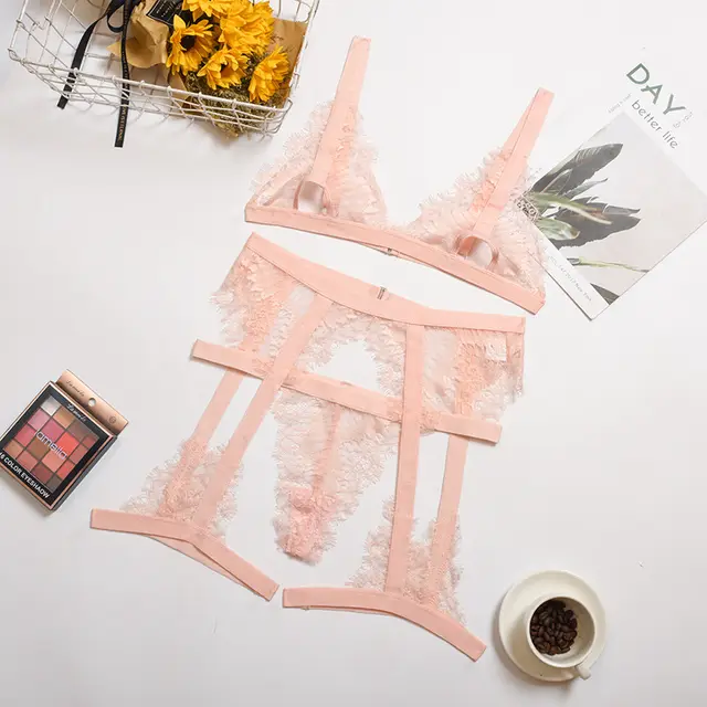 Lace Up Garter Belt Three Piece Sexy Suit Pink - Shop at LoveMi