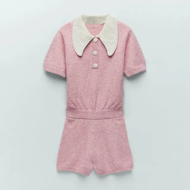 Pink Contrast Stitching Lapel Sweater Short Jumpsuit Pink - Shop at LoveMi