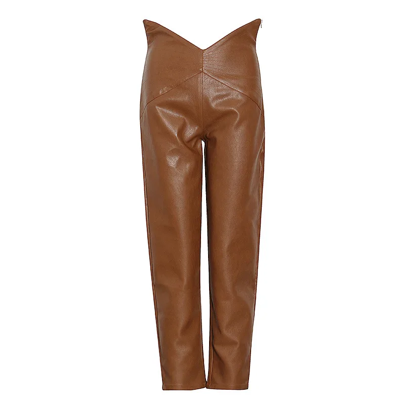 New Fashion High Waist Irregular Harem Leather Cropped Casual Pants - Brown