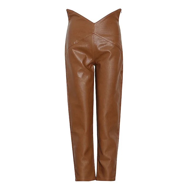 New Fashion High Waist Irregular Harem Leather Cropped Casual Pants Brown - Shop at LoveMi