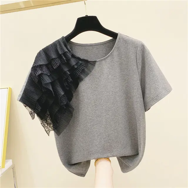 Lace Mesh Stitching Short Sleeved Round Neck Cotton T Shirt Dark Grey - Shop at LoveMi