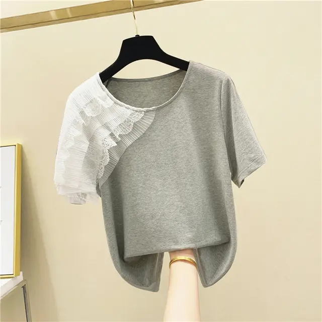 Lace Mesh Stitching Short Sleeved Round Neck Cotton T Shirt Light Grey - Shop at LoveMi