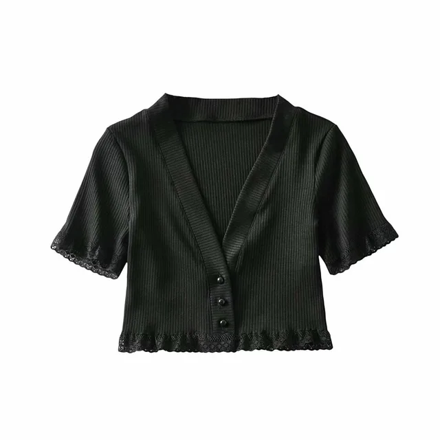 Single Breasted V NeckShorts With Wooden Ears Slim Cropped Short T Shirt Black - Shop at LoveMi