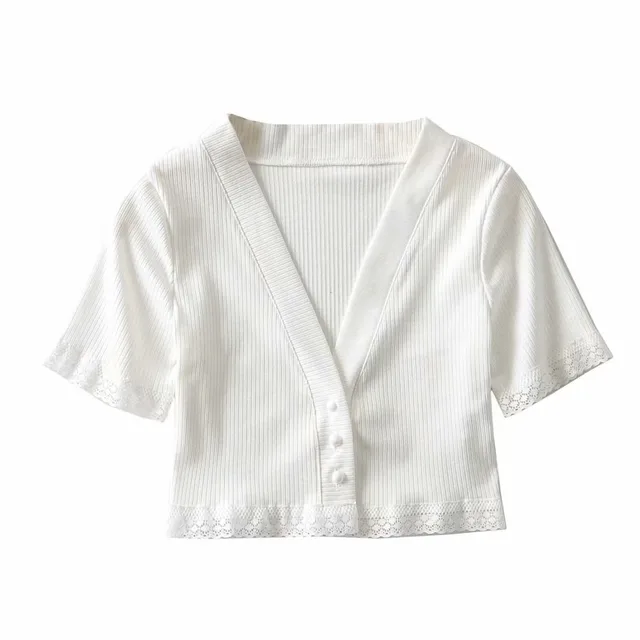 Single Breasted V NeckShorts With Wooden Ears Slim Cropped Short T Shirt White - Shop at LoveMi
