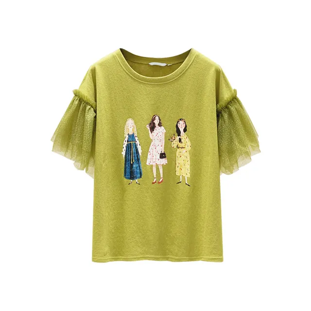 Mesh Stitching Short Sleeved Printed Cotton T Shirt Yellow - Shop at LoveMi
