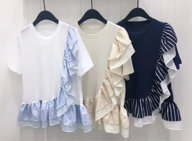 Ruffle Stripe Stitching Minority Irregular Short Sleeve Apricot - Shop at LoveMi
