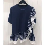 Ruffle Stripe Stitching Minority Irregular Short Sleeve - Blue