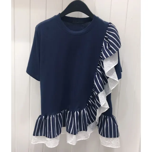 Ruffle Stripe Stitching Minority Irregular Short Sleeve Navy Blue - Shop at LoveMi