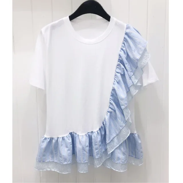 Ruffle Stripe Stitching Minority Irregular Short Sleeve White - Shop at LoveMi