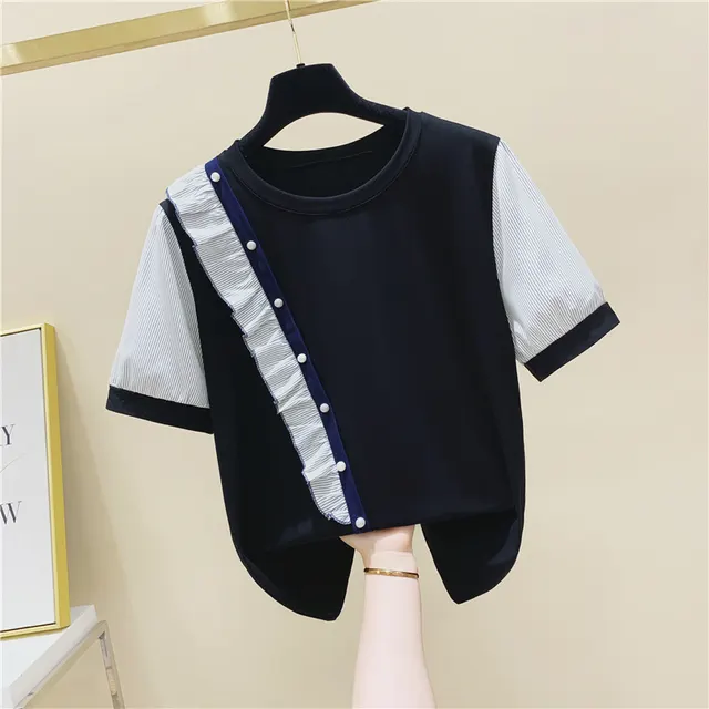 Striped Stitching Ruffled Beaded Round Neck Short Sleeved Cotton T Shirt Black - Shop at LoveMi