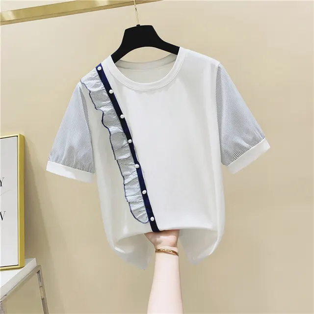 Striped Stitching Ruffled Beaded Round Neck Short Sleeved Cotton T Shirt White - Shop at LoveMi