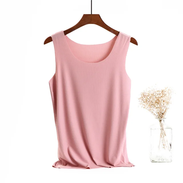 Ice Silk Cotton Solid Round Neck Vest Pink - Shop at LoveMi
