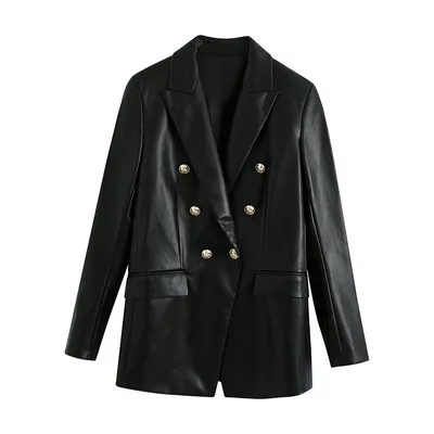 Black Faux Leather Gold Double Breasted Long Sleeve Lapel Suit Black - Shop at LoveMi