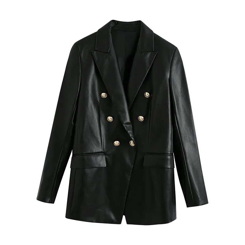 Black Faux Leather Gold Double-Breasted Long Sleeve Lapel Suit - Black