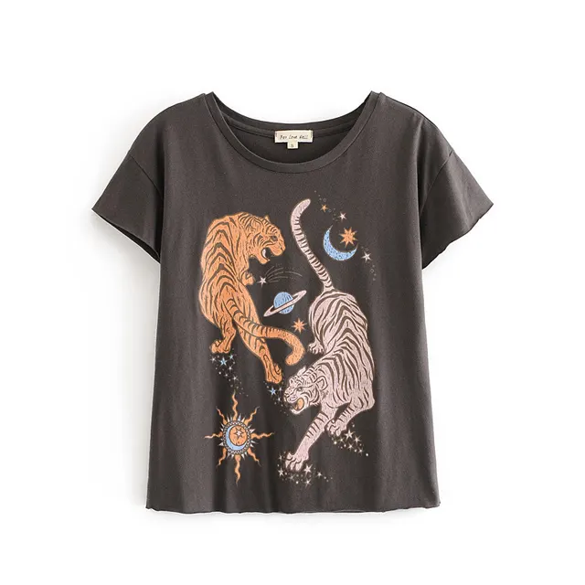 European And American Style Summer Women's New Style Tiger Sun And Moon Print Short Sleeved T Shirt - Shop at LoveMi