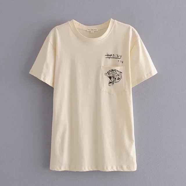 Crew Neck Pocket Tiger Head Print T Shirt Beige - Shop at LoveMi