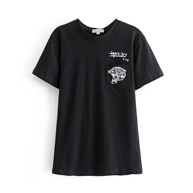 Crew Neck Pocket Tiger Head Print T Shirt Black - Shop at LoveMi