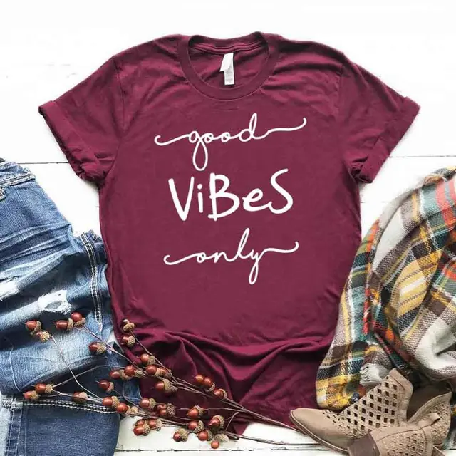 Good Vibes Only Printed Cotton T Shirt Wine Red - Shop at LoveMi