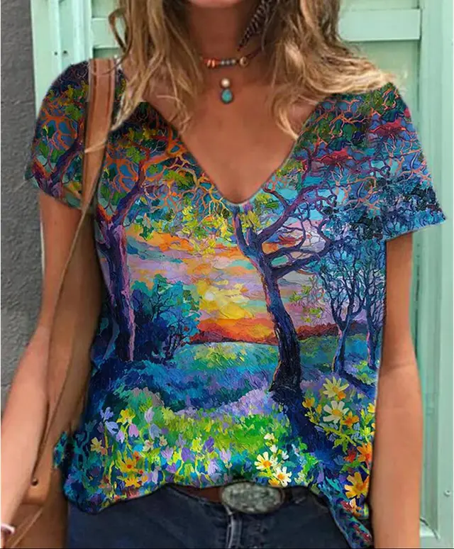 Painted V Neck Printed Loose Plus Size Short Sleeved T Shirt Women Purple - Shop at LoveMi