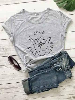 Good Vibes Only Short Sleeve European And American Alphabet Street Casual T Sleeve - Grey