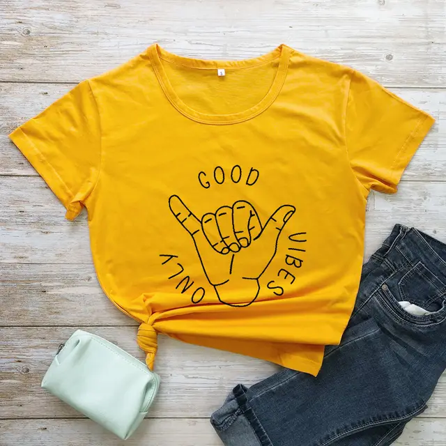 Good Vibes Only Short Sleeve European And American Alphabet Street Casual T Sleeve Yellow - Shop at LoveMi
