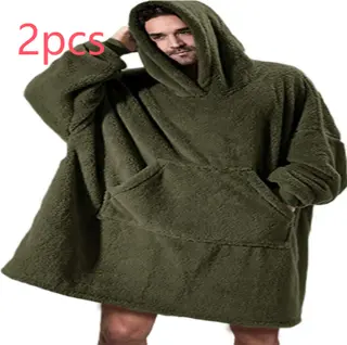 Hoodie Sweatshirt With Big Pocket Tops Sweater Comfortable Loose Double-Sided Fleece Thicker Wearable Blanket - Army Green 2Pcs