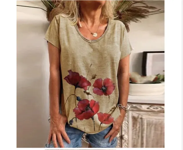 Summer European And American Hot Style Sexy Print Loose Round Neck Short Sleeve Women's T Shirt Brown - Shop at LoveMi
