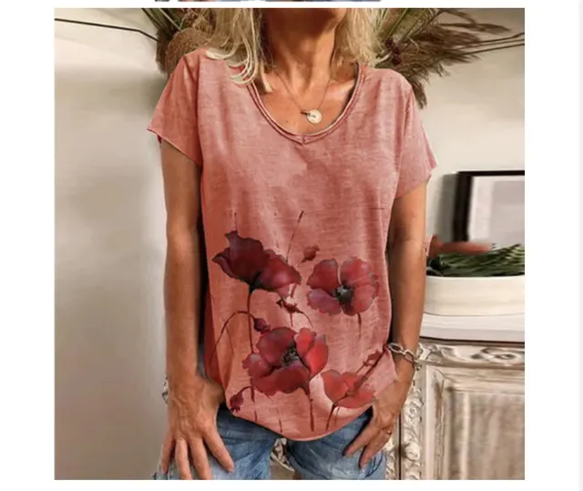 Summer European And American Hot Style Sexy Print Loose Round Neck Short Sleeve Women's T Shirt Pink - Shop at LoveMi
