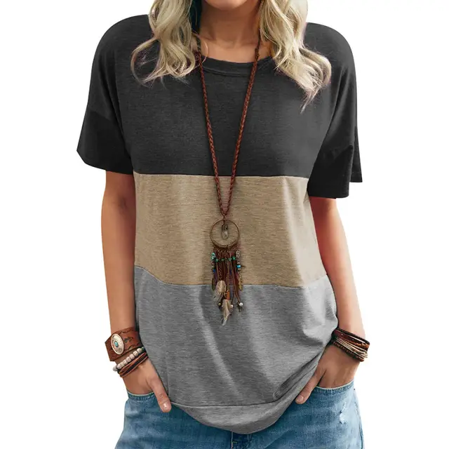Colorblock Round Neck Loose Short Sleeves Black Khaki - Shop at LoveMi