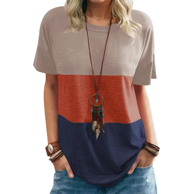 Colorblock Round Neck Loose Short Sleeves Khaki Orange - Shop at LoveMi