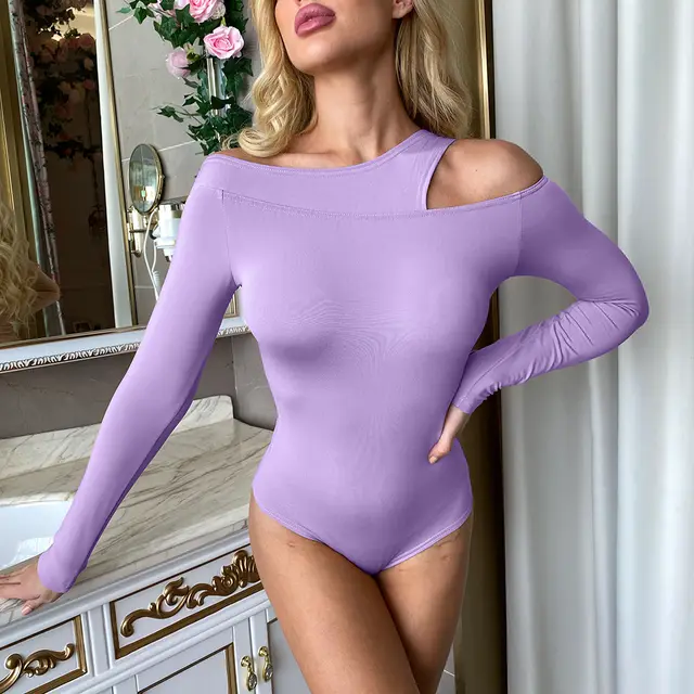 Long Sleeved Asymmetrical Collar Sexy Tight Fitting European And American One Piece Purple - Shop at LoveMi