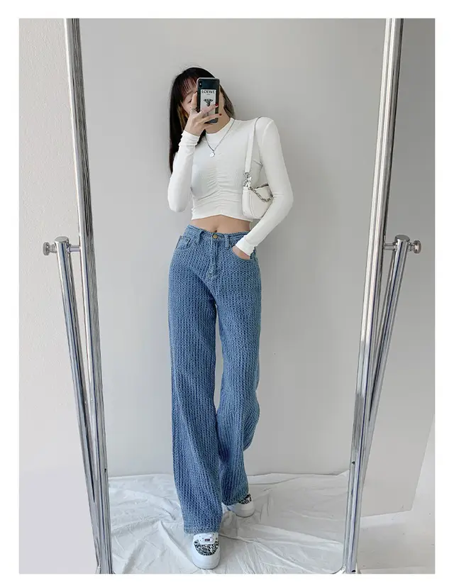 European And American Style Straight Leg Jeans Women's High Waist Slimming Knitted Casual Pants Light Blue - Shop at LoveMi