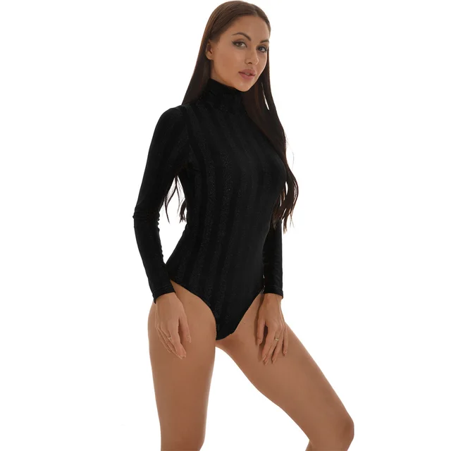 High Necked Long Sleeved Bodysuit Shiny Silver Silk Elastic Slim Bottoming Shirt Black - Shop at LoveMi