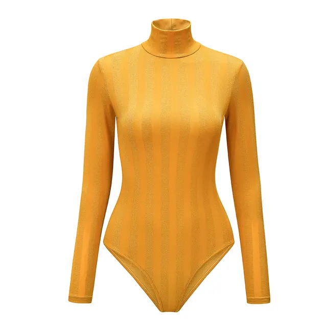 High Necked Long Sleeved Bodysuit Shiny Silver Silk Elastic Slim Bottoming Shirt Yellow - Shop at LoveMi