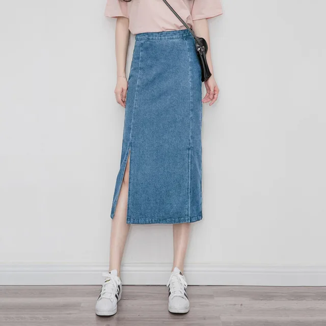 Mid Length A Line High Waist All Match Denim Skirt Blue - Shop at LoveMi