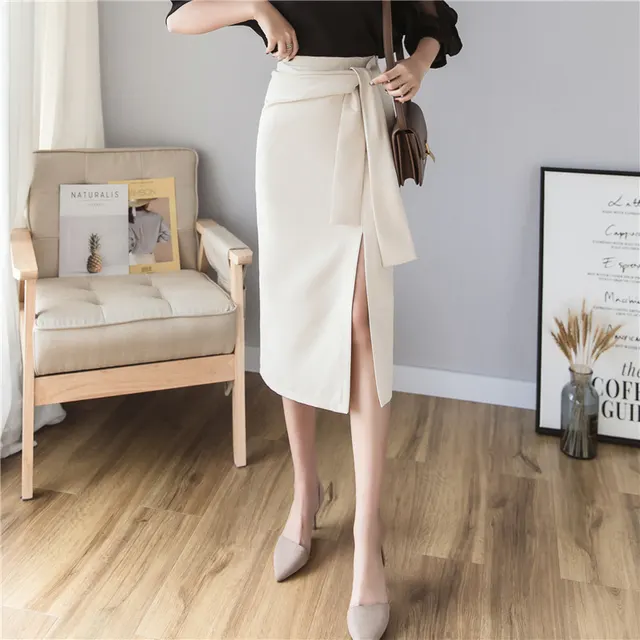 Split Long Skirt, High Waist , All Match Slit Work Skirt Apricot - Shop at LoveMi