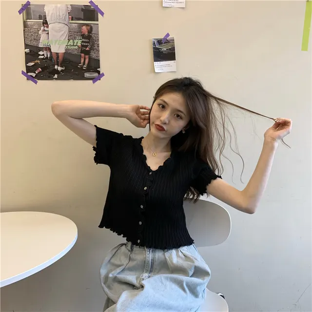 Half Sleeve Design Sense Niche Exposed Navel Short High Waist Top Dress Black - Shop at LoveMi