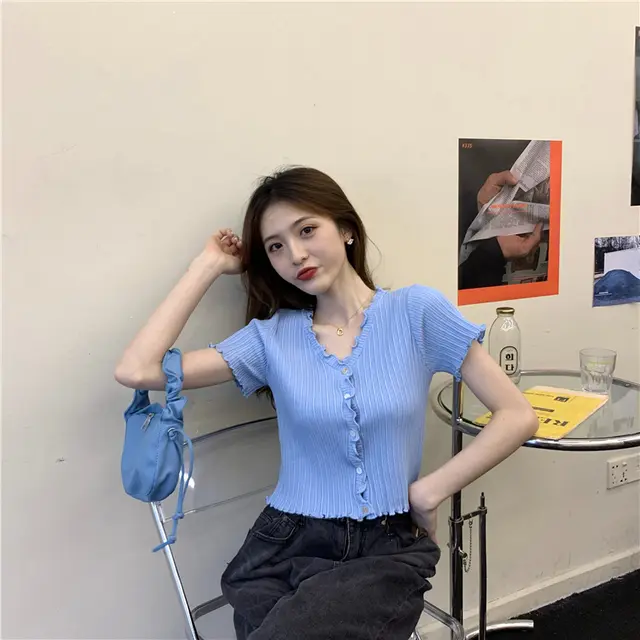 Half Sleeve Design Sense Niche Exposed Navel Short High Waist Top Dress Blue - Shop at LoveMi