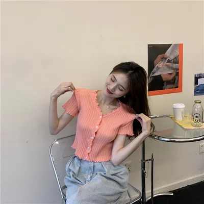 Half Sleeve Design Sense Niche Exposed Navel Short High Waist Top Dress Orange - Shop at LoveMi