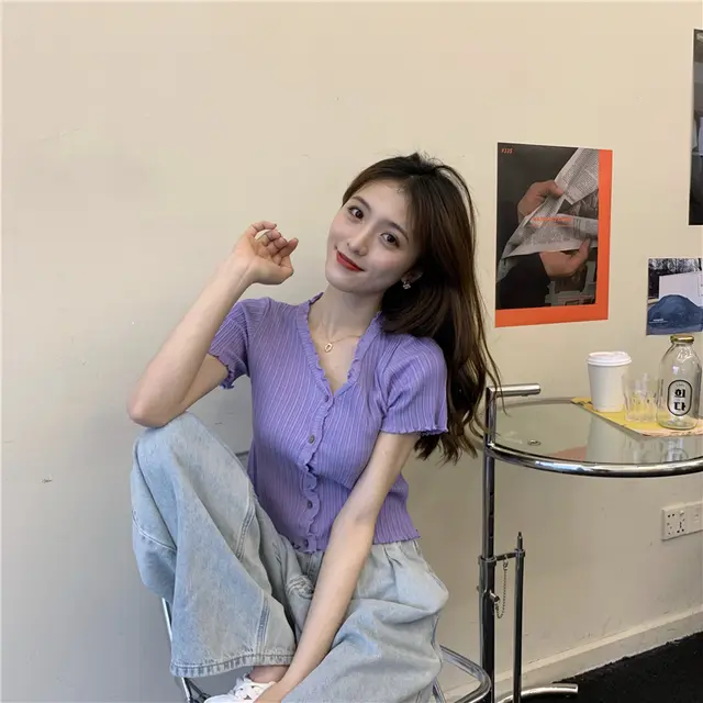 Half Sleeve Design Sense Niche Exposed Navel Short High Waist Top Dress Purple - Shop at LoveMi