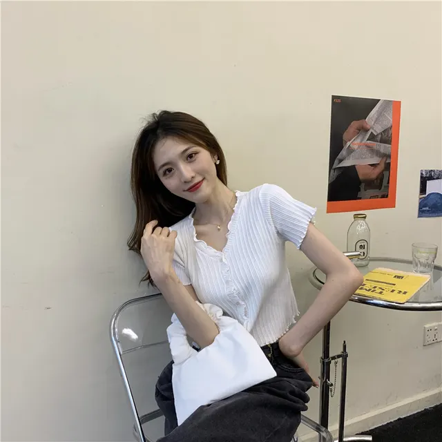 Half Sleeve Design Sense Niche Exposed Navel Short High Waist Top Dress White - Shop at LoveMi