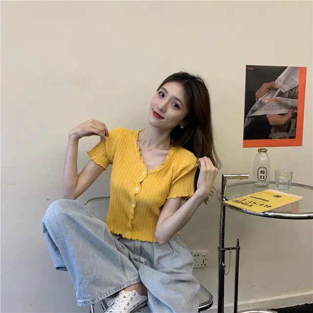 Half Sleeve Design Sense Niche Exposed Navel Short High Waist Top Dress Yellow - Shop at LoveMi