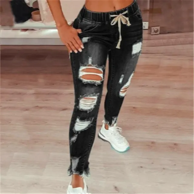 High waist Lace up Slim fit Stretch leg Trousers Ripped Denim Trousers Black - Shop at LoveMi