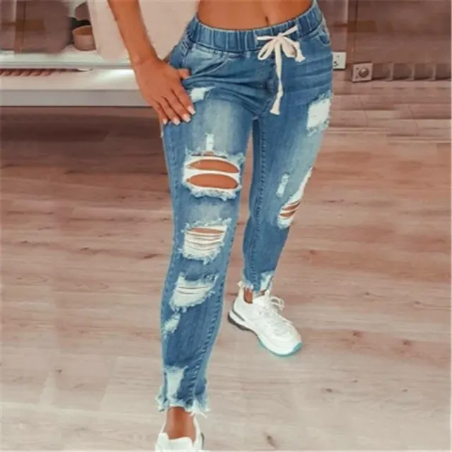 High waist Lace up Slim fit Stretch leg Trousers Ripped Denim Trousers Light Blue - Shop at LoveMi