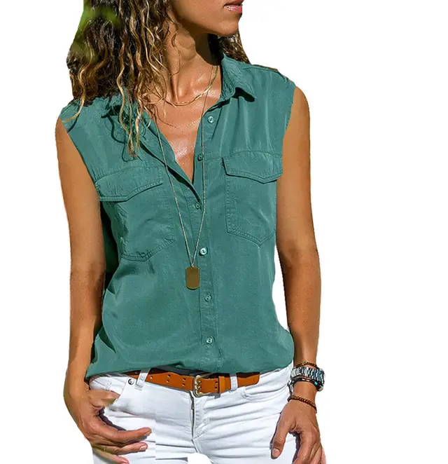 Ladies Top Lapel Solid Color Sleeveless Shirt Light Blue - Shop at LoveMi