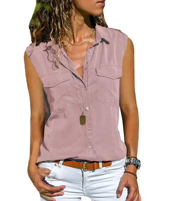 Ladies Top Lapel Solid Color Sleeveless Shirt Light Pink - Shop at LoveMi